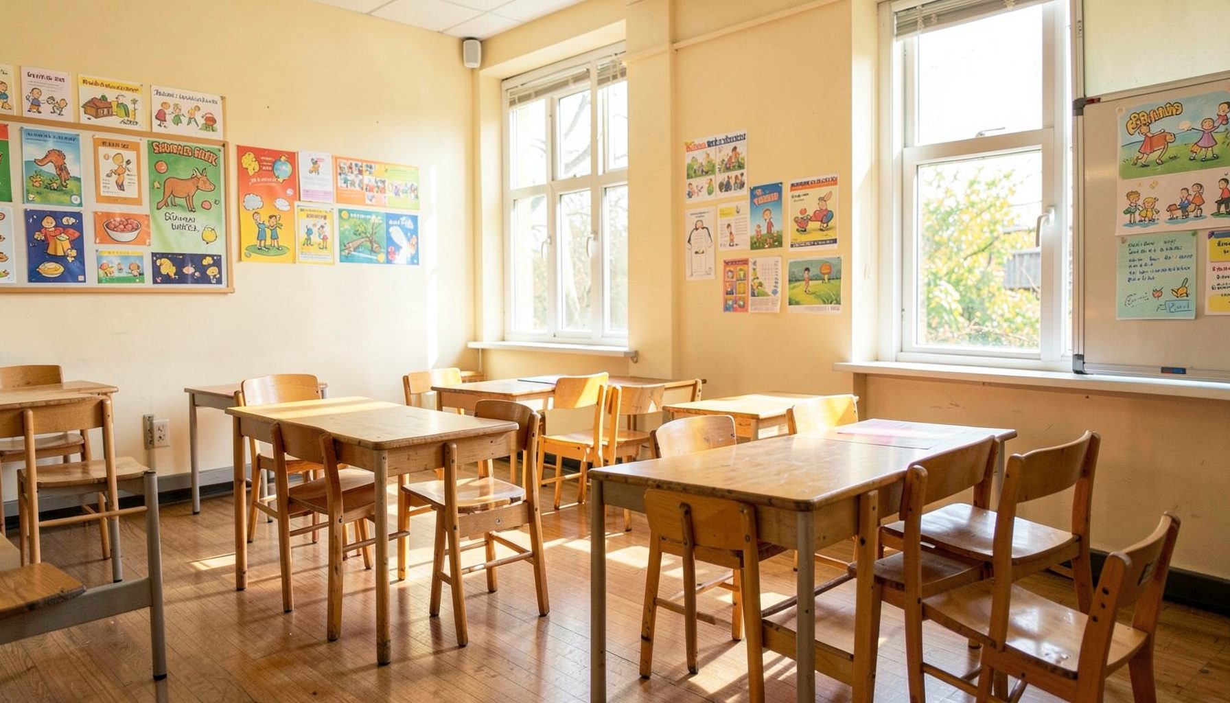 A bright elementary classroom with colorful educational posters on the walls, wooden desks arranged in small groups, and a welcoming learning environment