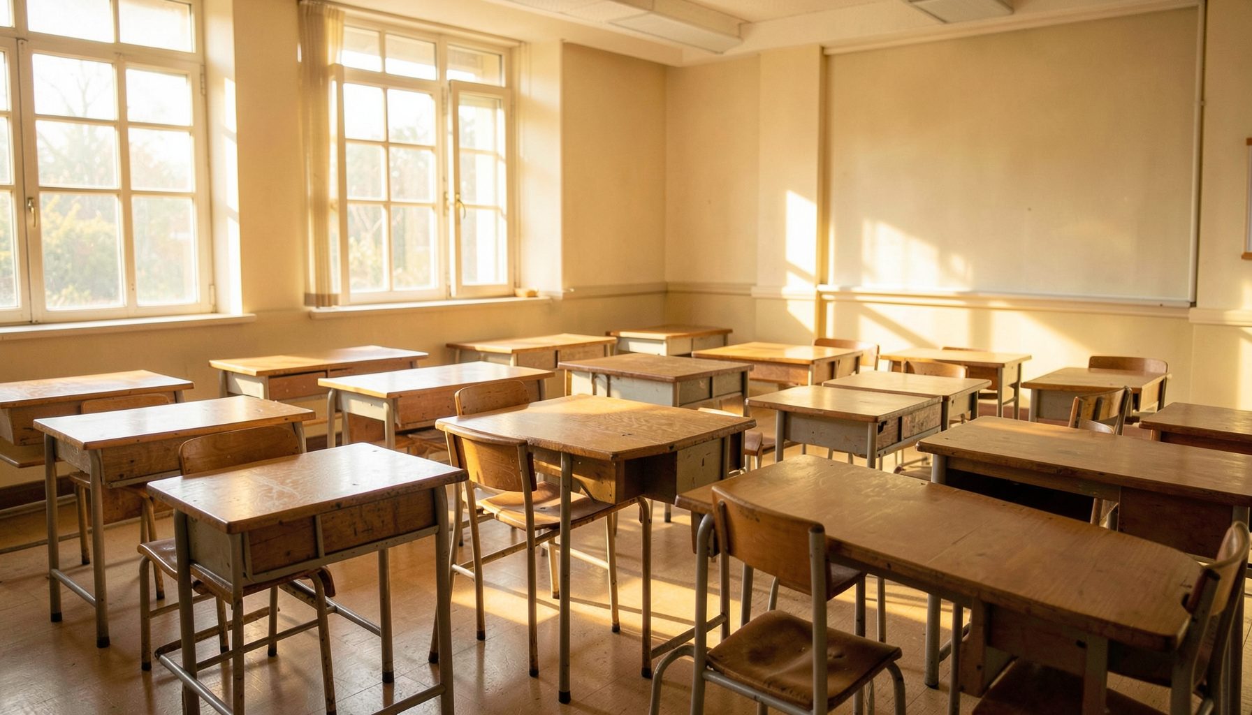 A sunlit classroom with wooden desks arranged in neat rows, warm golden light streaming through large windows, soft beige and cream tones
