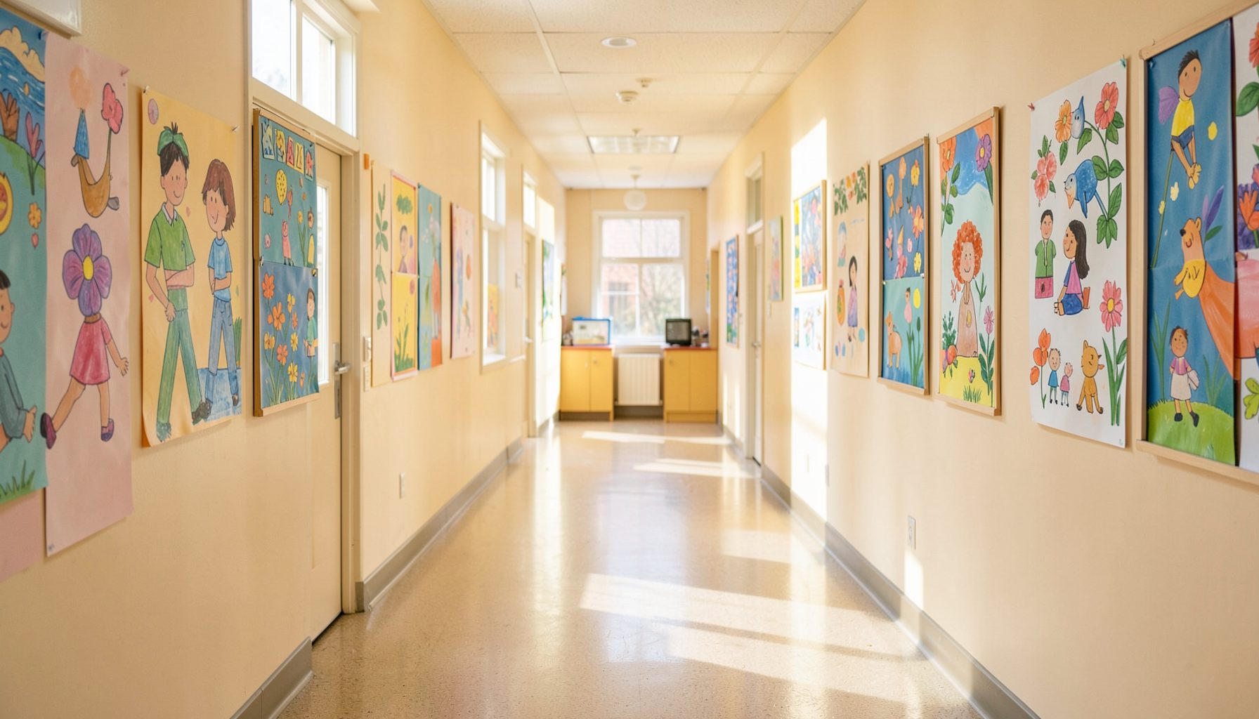 A sunlit elementary school hallway with colorful student artwork on the walls, warm beige and soft blue tones, and a welcoming atmosphere