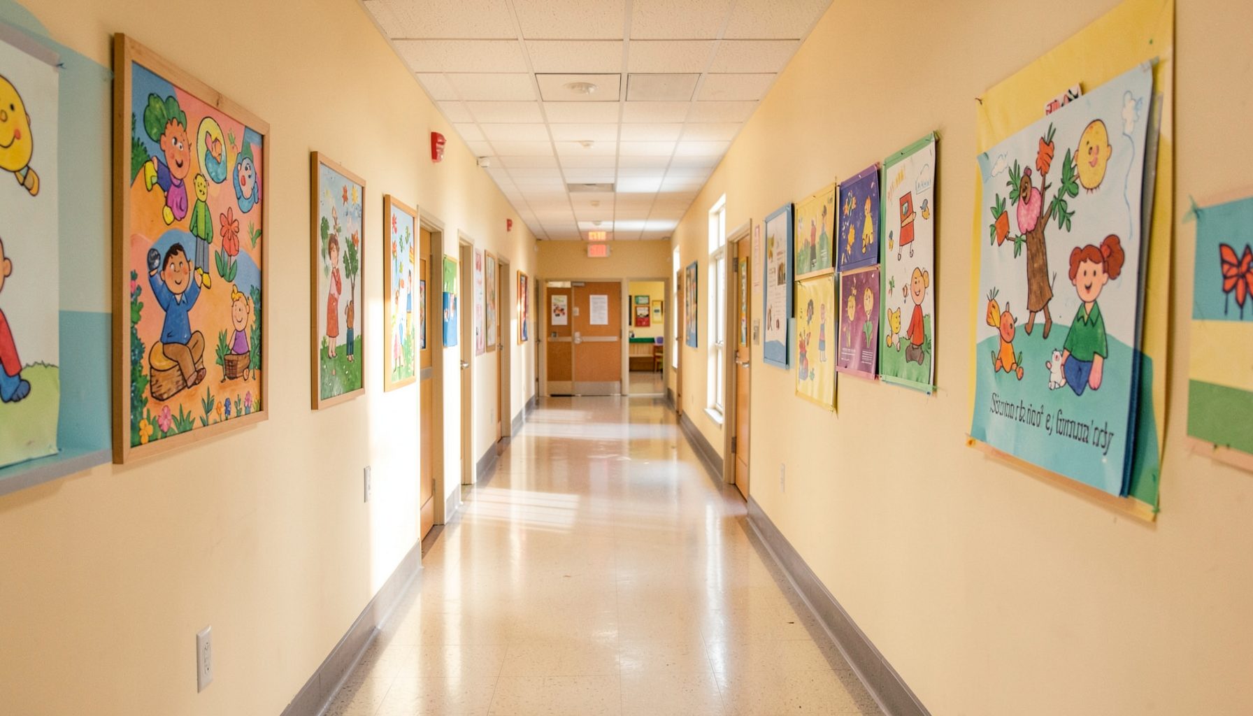 A sunlit elementary school hallway with colorful student artwork on the walls, warm beige and soft blue tones, and a welcoming atmosphere
