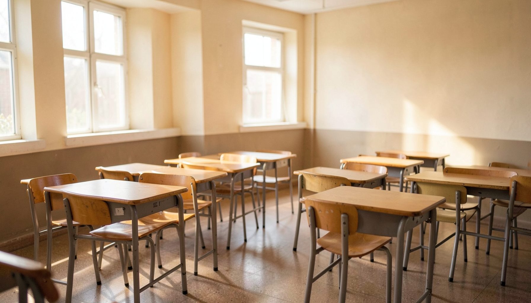 A warm, softly lit classroom interior with empty desks arranged in small groups, natural light streaming through windows, calm and inviting atmosphere
