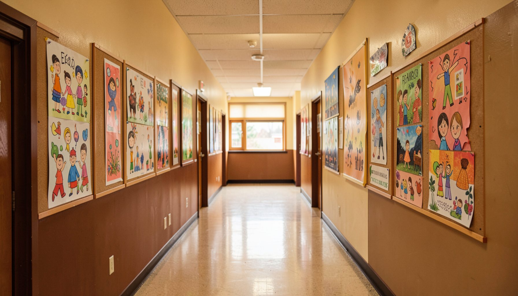 A warmly lit school hallway with colorful student artwork on the walls, rich brown and cream tones, soft natural light
