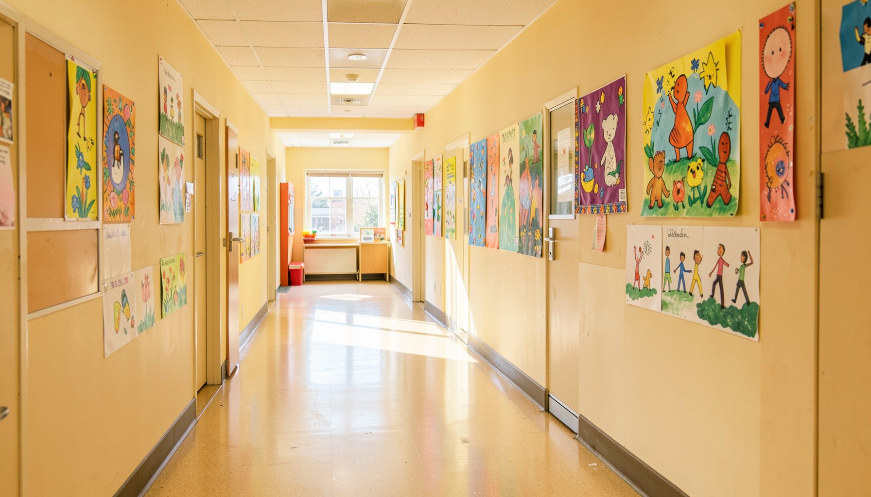 Bright sunlit elementary school hallway with colorful student artwork on the walls, warm beige and cream tones, welcoming atmosphere