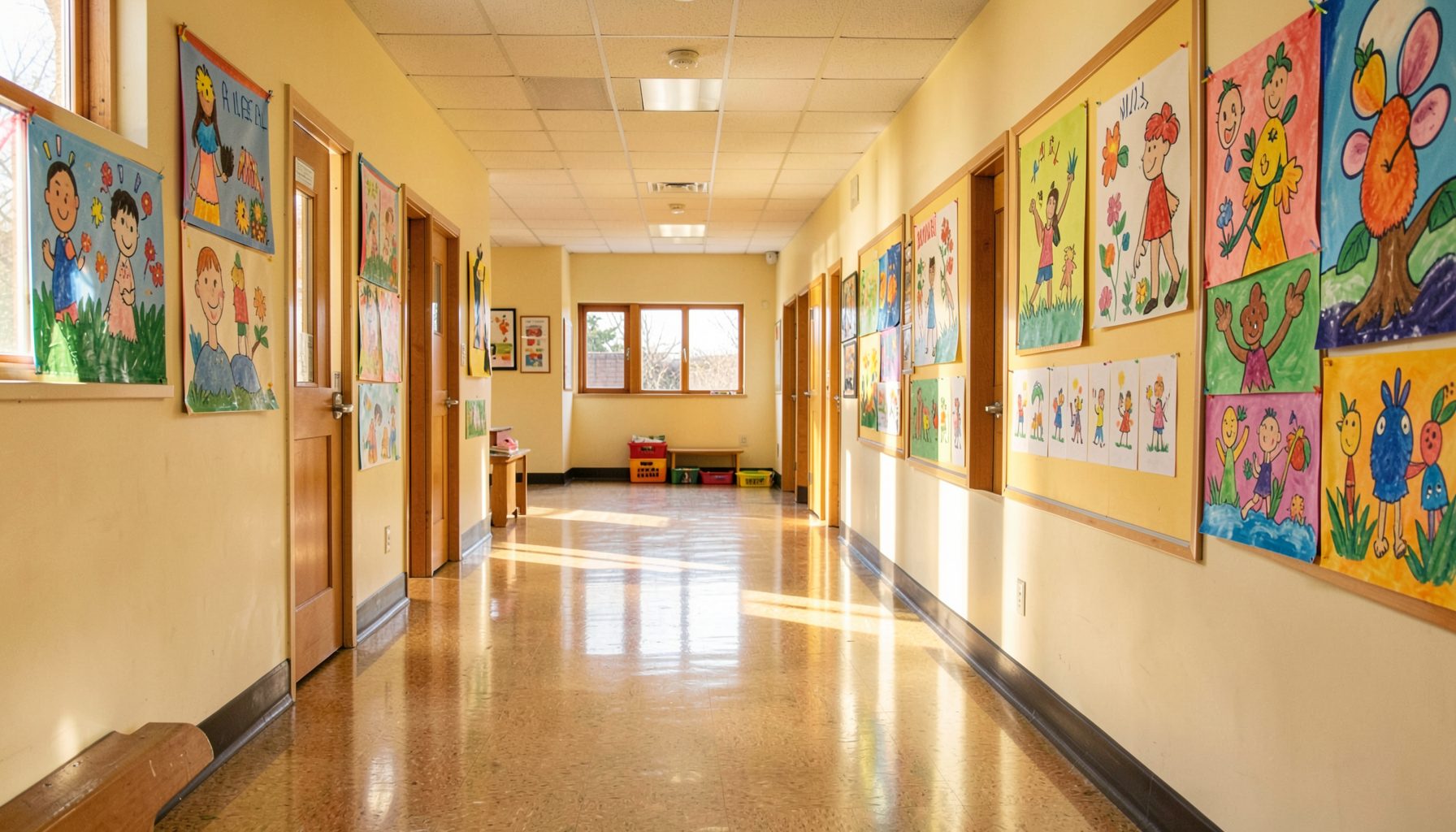 Warm sunlit elementary school hallway with colorful student artwork on the walls, polished floors reflecting natural light