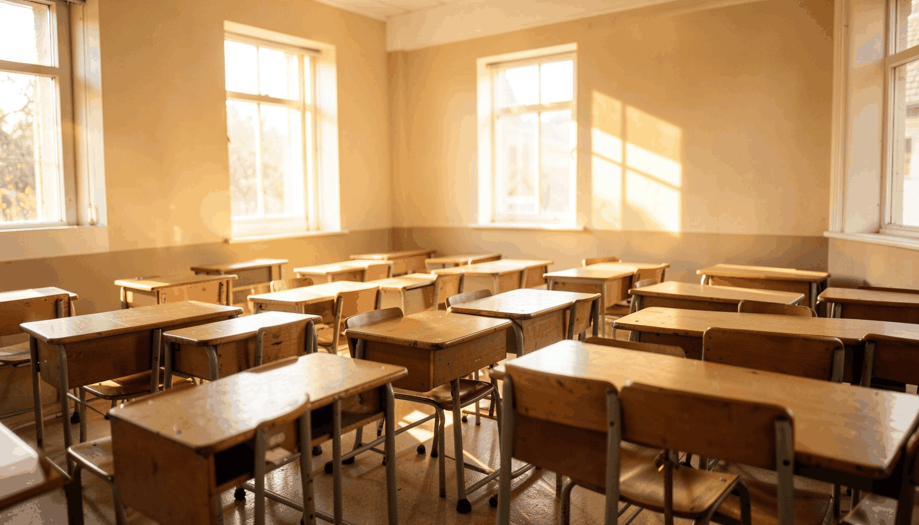 A sunlit classroom with wooden desks arranged in neat rows, warm golden light streaming through large windows, soft beige walls and a calm, focused atmosphere